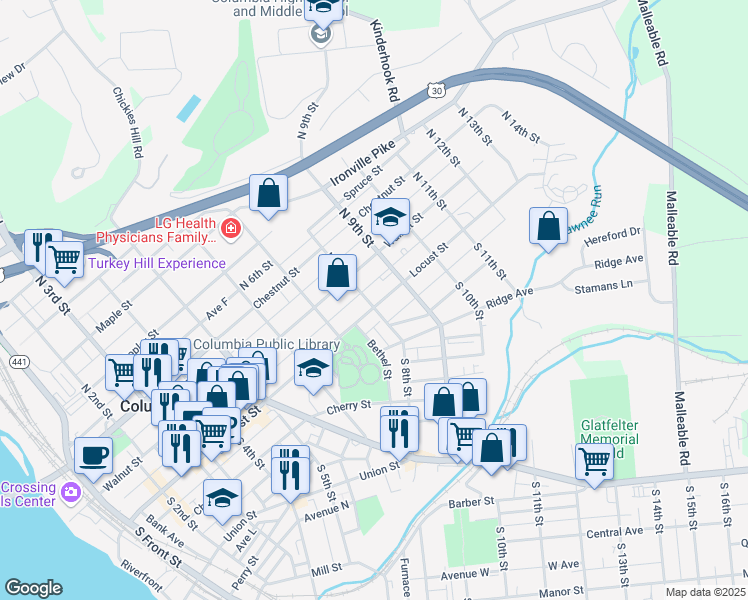 map of restaurants, bars, coffee shops, grocery stores, and more near 803 Locust Street in Columbia