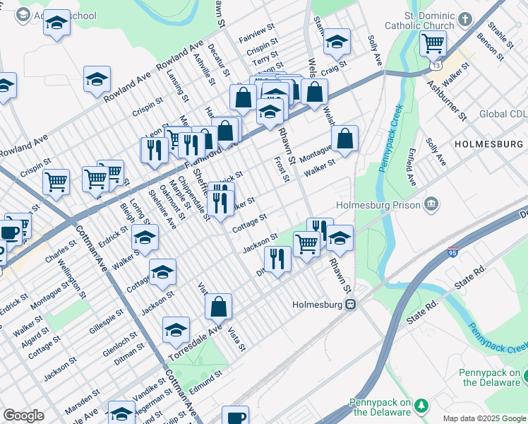 map of restaurants, bars, coffee shops, grocery stores, and more near 7802 Cottage Street in Philadelphia