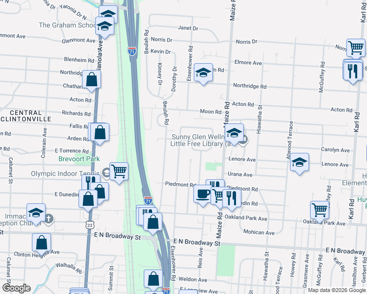 map of restaurants, bars, coffee shops, grocery stores, and more near 3505 Eisenhower Road in Columbus