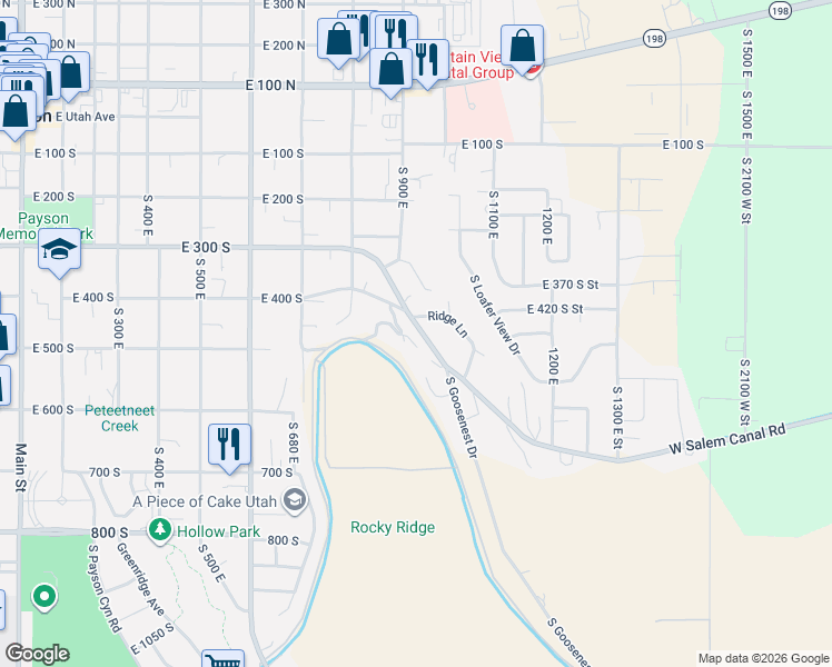 map of restaurants, bars, coffee shops, grocery stores, and more near 412 South Goosenest Drive in Payson