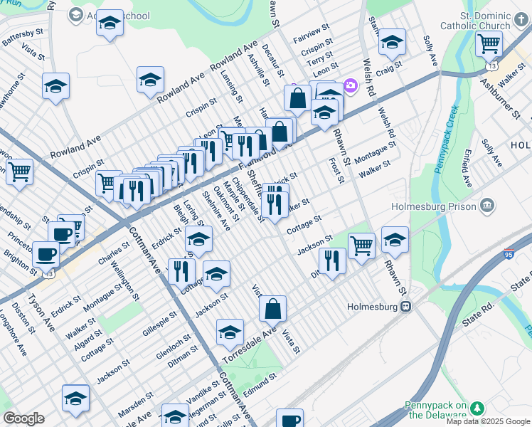 map of restaurants, bars, coffee shops, grocery stores, and more near 4310 Sheffield Avenue in Philadelphia