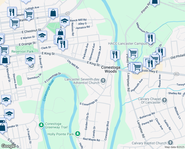 map of restaurants, bars, coffee shops, grocery stores, and more near 129 City Mill Road in Lancaster
