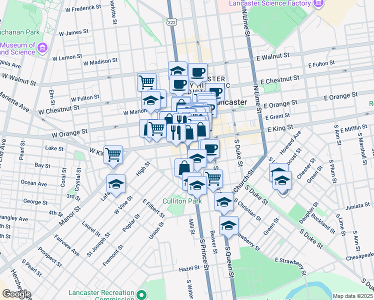 map of restaurants, bars, coffee shops, grocery stores, and more near 10 South Prince Street in Lancaster