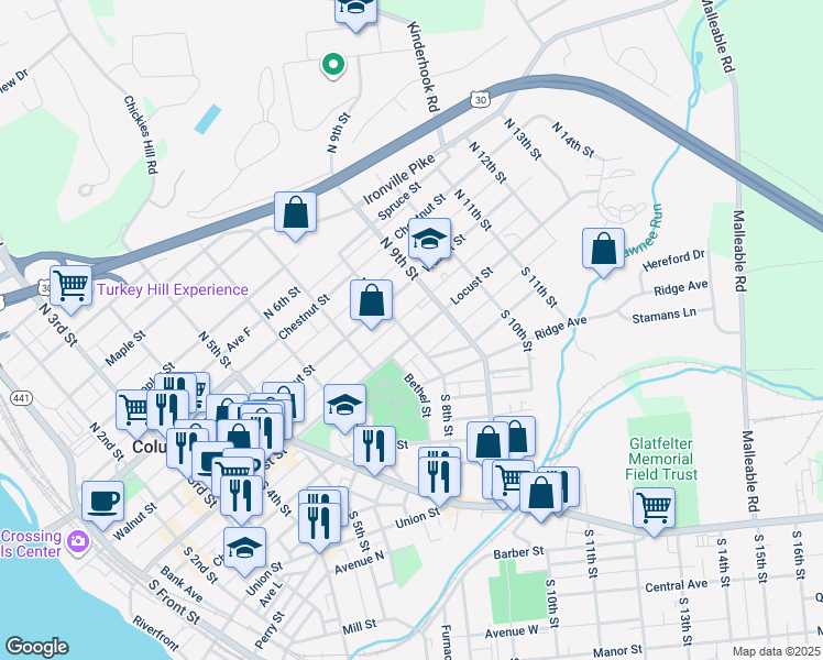map of restaurants, bars, coffee shops, grocery stores, and more near 803 Locust Street in Columbia