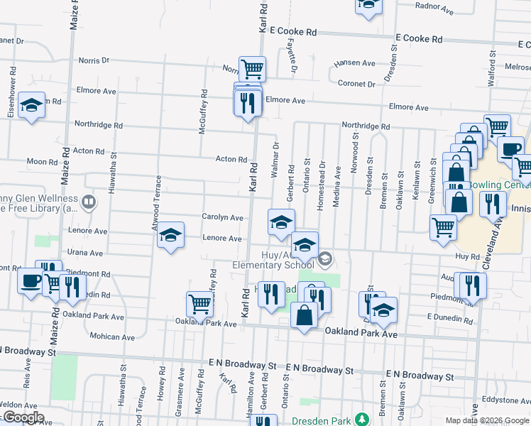 map of restaurants, bars, coffee shops, grocery stores, and more near 3425 Walmar Drive in Columbus