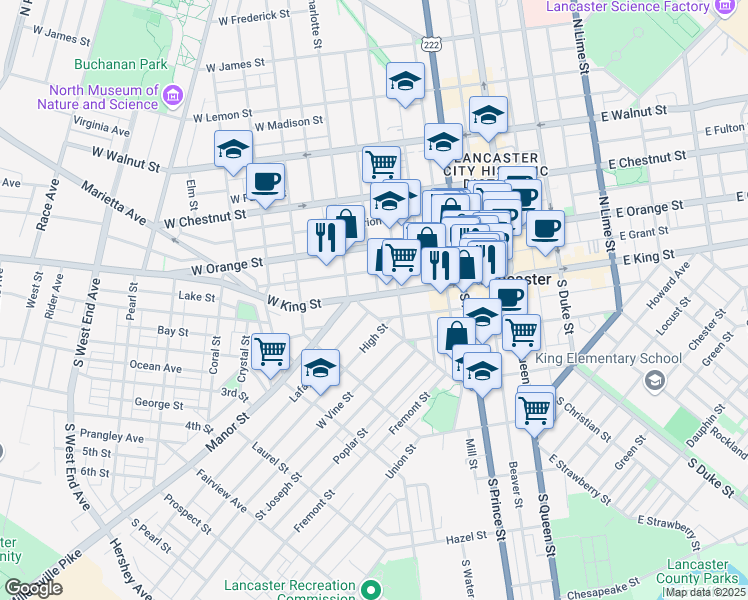 map of restaurants, bars, coffee shops, grocery stores, and more near 328 West King Street in Lancaster