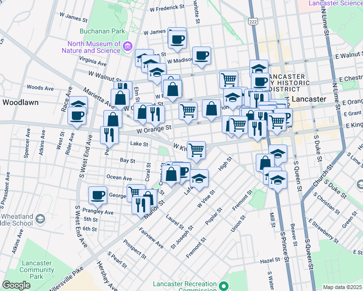 map of restaurants, bars, coffee shops, grocery stores, and more near 519 West King Street in Lancaster