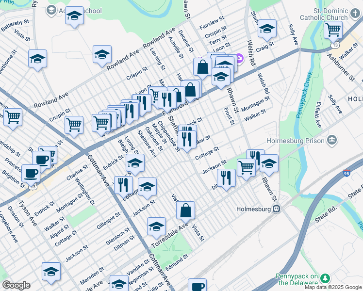 map of restaurants, bars, coffee shops, grocery stores, and more near 4310 Sheffield Avenue in Philadelphia