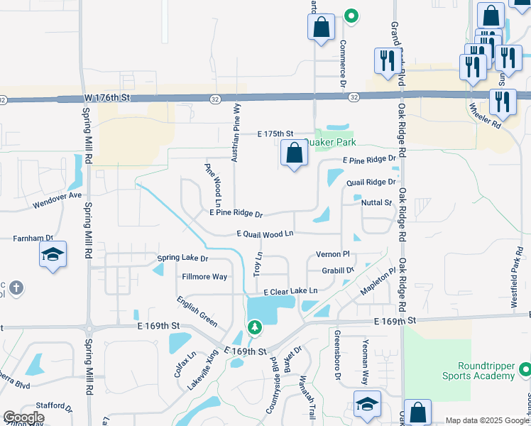 map of restaurants, bars, coffee shops, grocery stores, and more near 336 East Quail Wood Lane in Westfield
