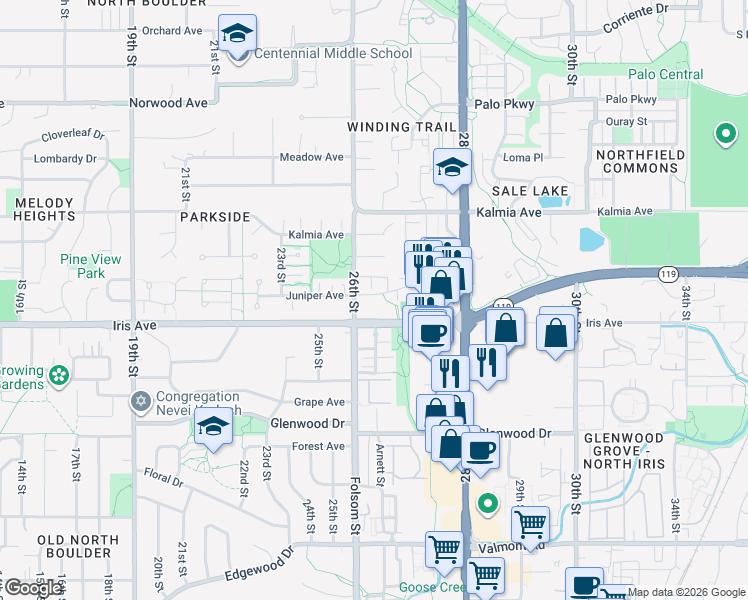 map of restaurants, bars, coffee shops, grocery stores, and more near 2640 Juniper Avenue in Boulder