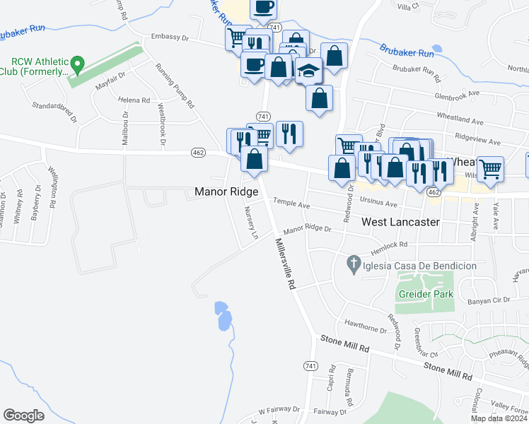 map of restaurants, bars, coffee shops, grocery stores, and more near 112 Millersville Road in Lancaster