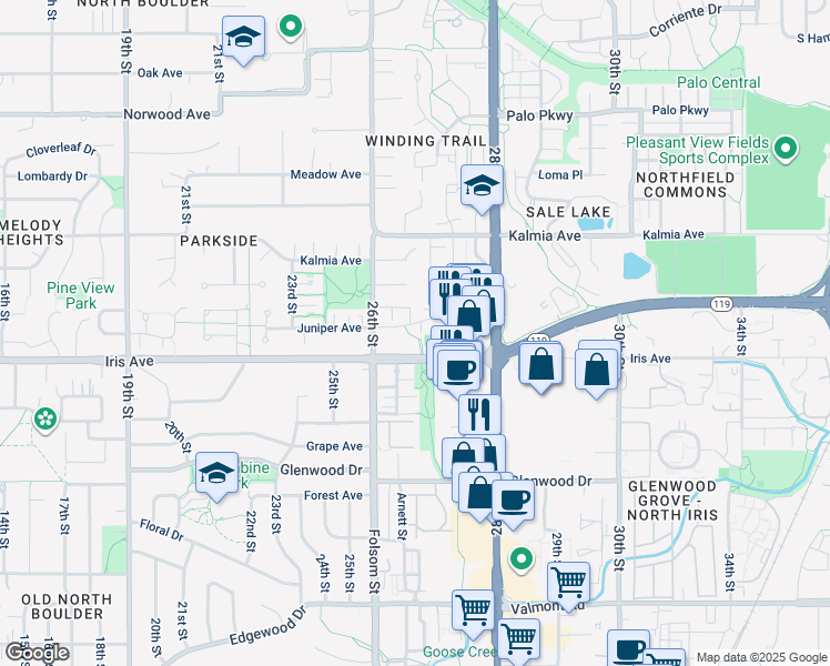 map of restaurants, bars, coffee shops, grocery stores, and more near 2632 Iris Avenue in Boulder