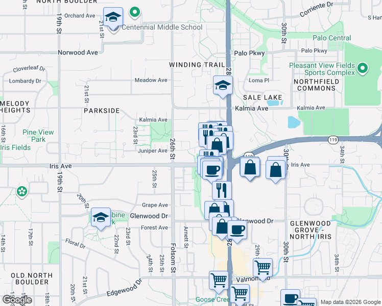 map of restaurants, bars, coffee shops, grocery stores, and more near 2632 Iris Avenue in Boulder