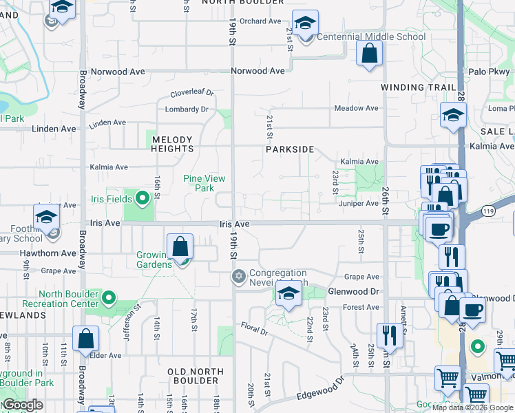 map of restaurants, bars, coffee shops, grocery stores, and more near 2006 Joslyn Place in Boulder