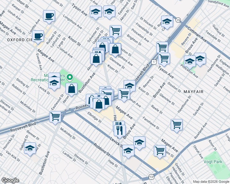 map of restaurants, bars, coffee shops, grocery stores, and more near 6597 Roosevelt Boulevard in Philadelphia