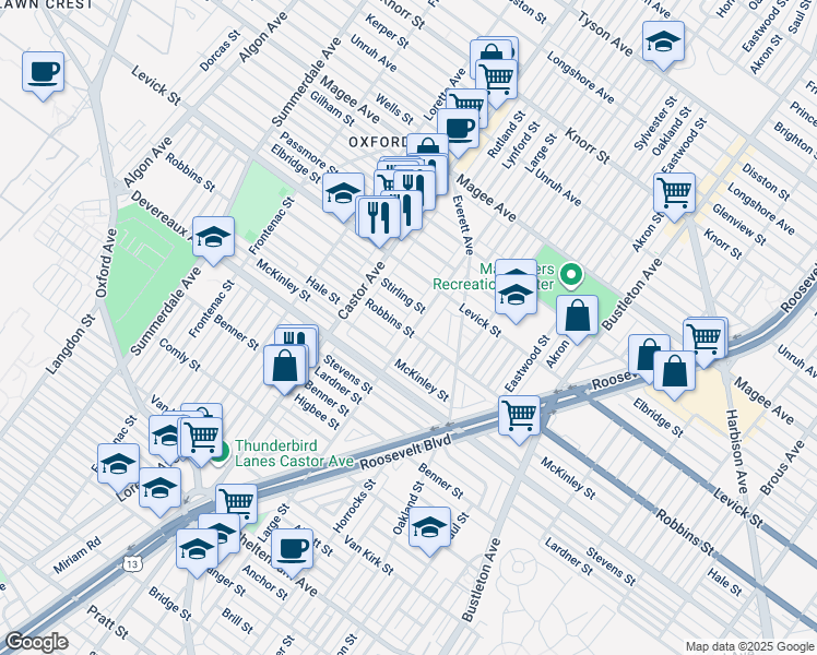 map of restaurants, bars, coffee shops, grocery stores, and more near 6287 Large Street in Philadelphia