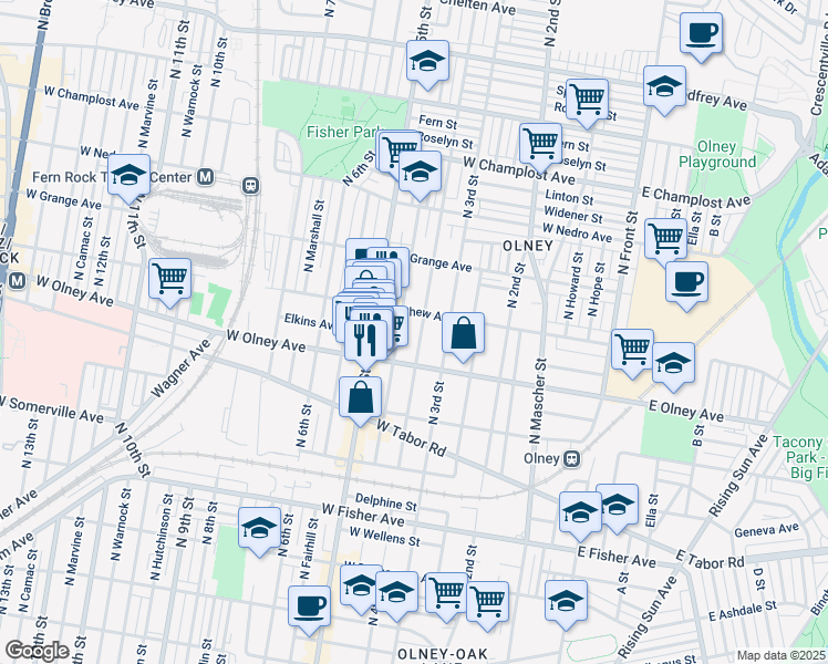 map of restaurants, bars, coffee shops, grocery stores, and more near 409 West Olney Avenue in Philadelphia