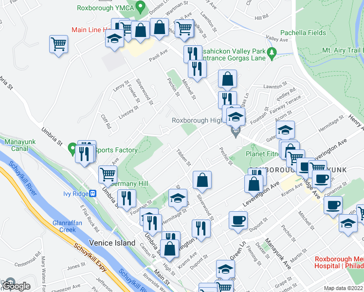 map of restaurants, bars, coffee shops, grocery stores, and more near 325 Lemonte Street in Philadelphia