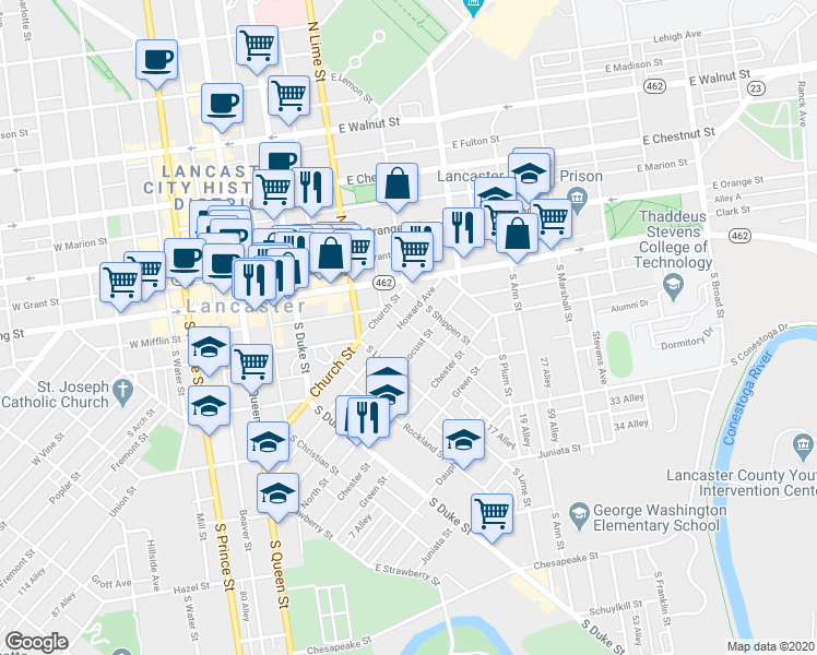 map of restaurants, bars, coffee shops, grocery stores, and more near 124 Locust Street in Lancaster