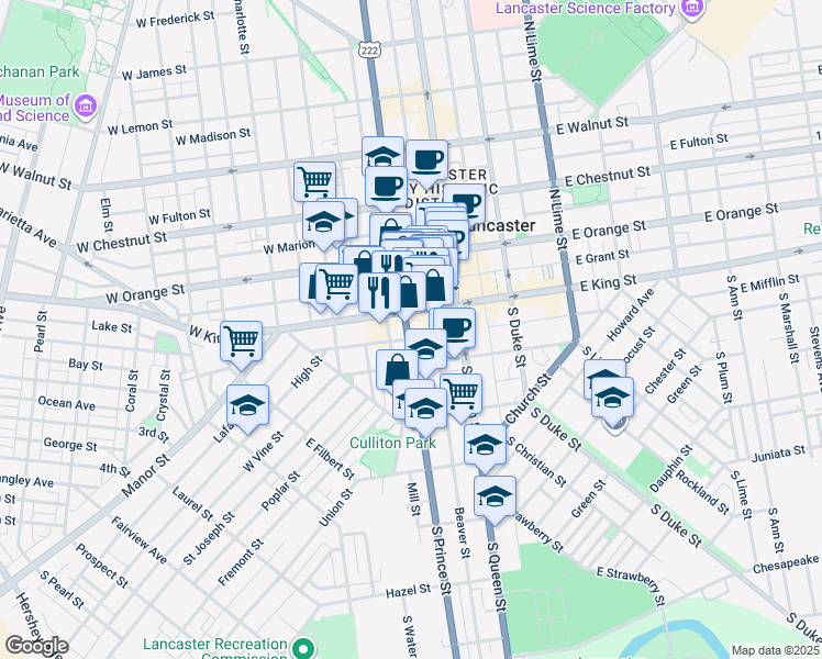 map of restaurants, bars, coffee shops, grocery stores, and more near 38 South Prince Street in Lancaster