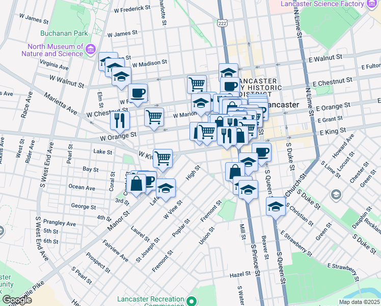 map of restaurants, bars, coffee shops, grocery stores, and more near 429 Lafayette Street in Lancaster