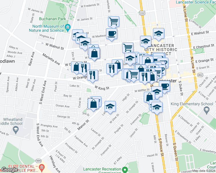 map of restaurants, bars, coffee shops, grocery stores, and more near 1 Campbell Avenue in Lancaster