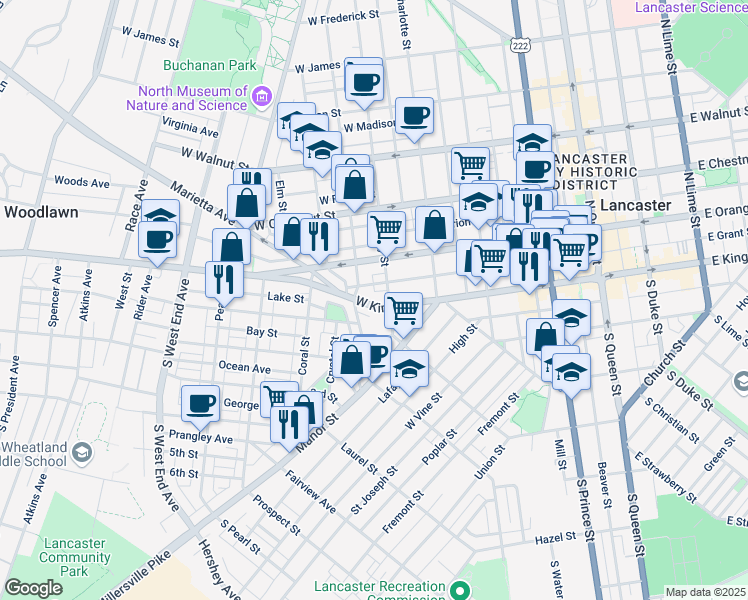 map of restaurants, bars, coffee shops, grocery stores, and more near 33 Old Dorwart Street in Lancaster