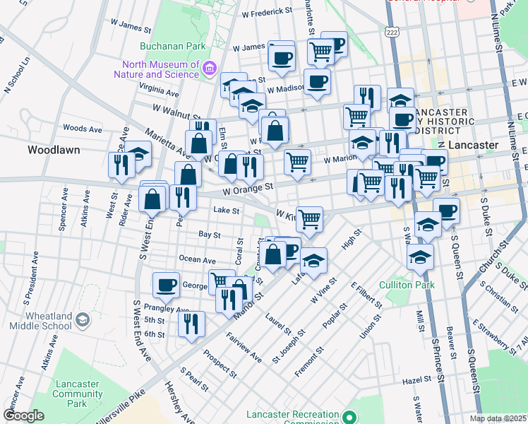 map of restaurants, bars, coffee shops, grocery stores, and more near 534 1st Street in Lancaster