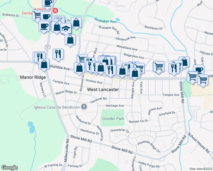 map of restaurants, bars, coffee shops, grocery stores, and more near 1800 Temple Avenue in Lancaster