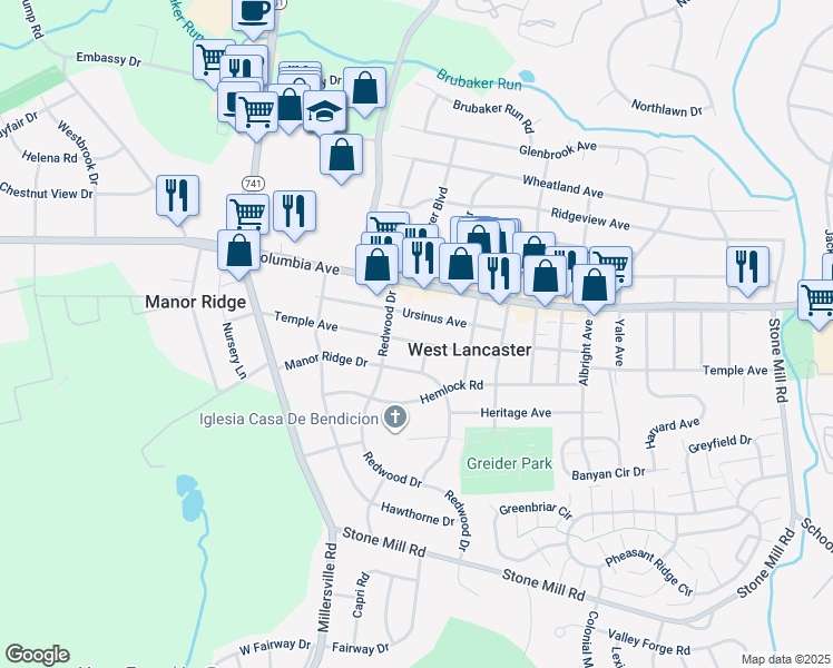 map of restaurants, bars, coffee shops, grocery stores, and more near 1931 Temple Avenue in Lancaster