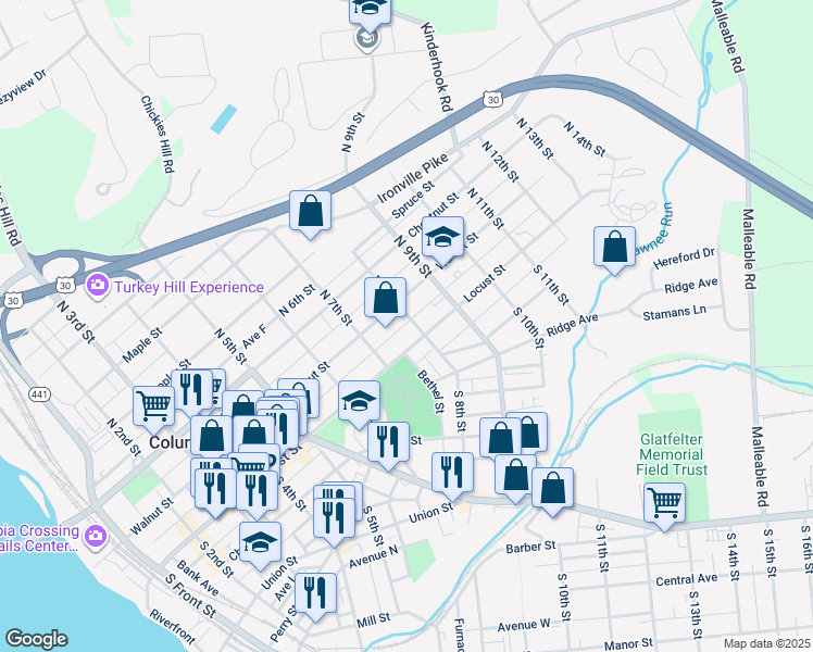 map of restaurants, bars, coffee shops, grocery stores, and more near 738 Locust Street in Columbia