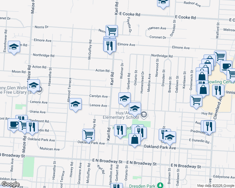 map of restaurants, bars, coffee shops, grocery stores, and more near 3425 Walmar Drive in Columbus