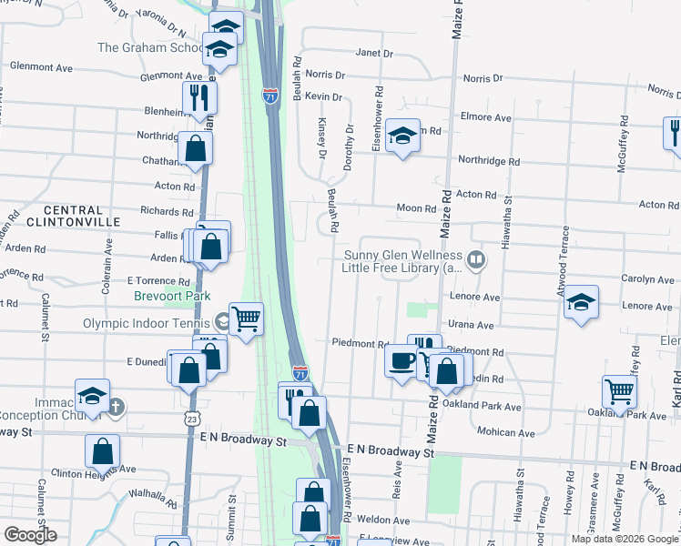 map of restaurants, bars, coffee shops, grocery stores, and more near 3505 Eisenhower Road in Columbus