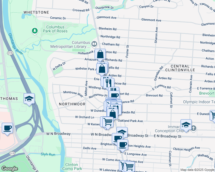 map of restaurants, bars, coffee shops, grocery stores, and more near 3645 North High Street in Columbus