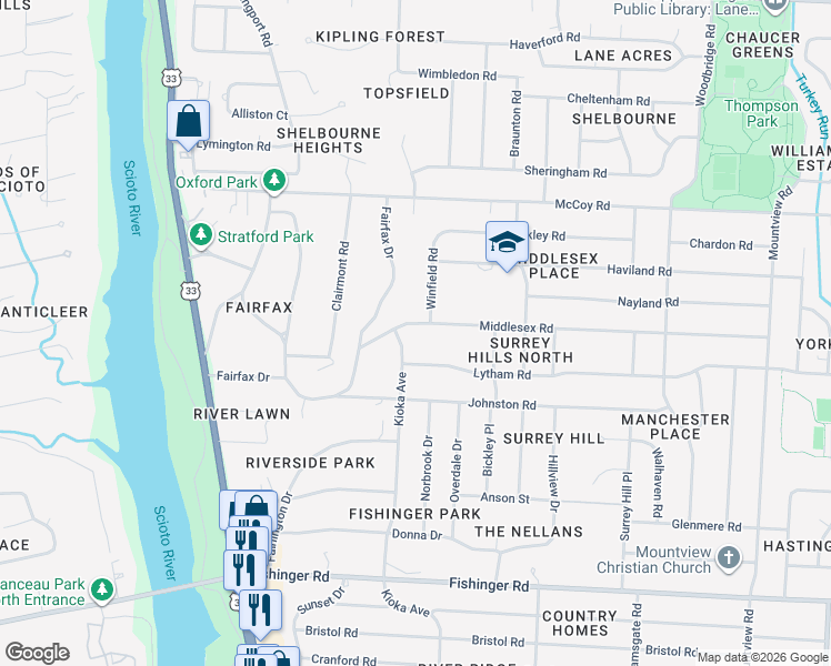 map of restaurants, bars, coffee shops, grocery stores, and more near 4040 Kioka Avenue in Columbus