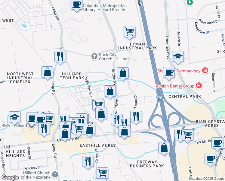 map of restaurants, bars, coffee shops, grocery stores, and more near in Hilliard