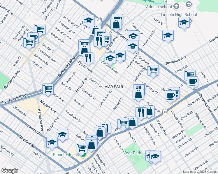 map of restaurants, bars, coffee shops, grocery stores, and more near 3030 Tyson Avenue in Philadelphia