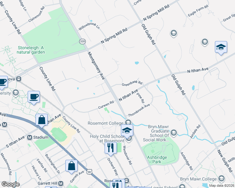 map of restaurants, bars, coffee shops, grocery stores, and more near 300 North Ithan Avenue in Bryn Mawr