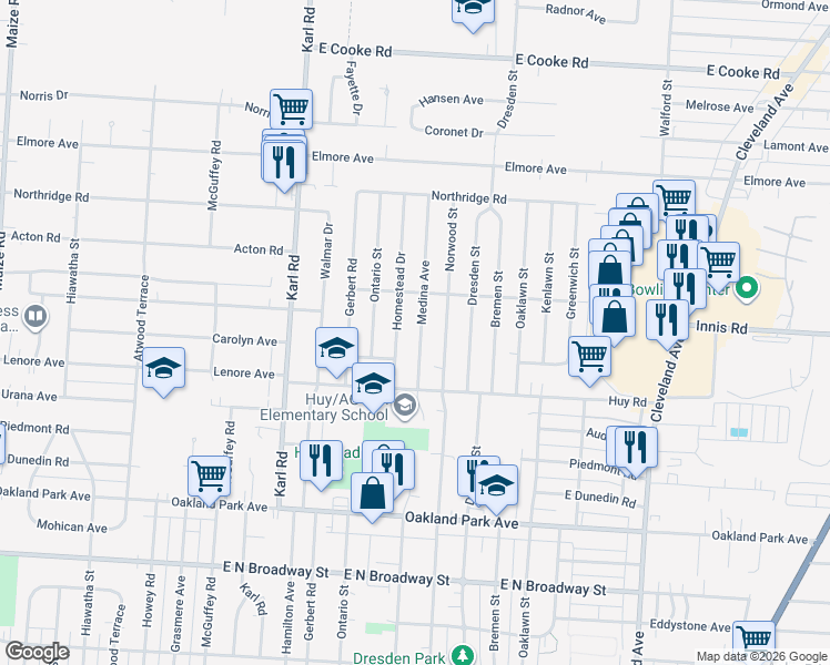 map of restaurants, bars, coffee shops, grocery stores, and more near 3414 Medina Avenue in Columbus
