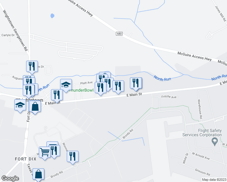 map of restaurants, bars, coffee shops, grocery stores, and more near 507 East Main Street in Wrightstown