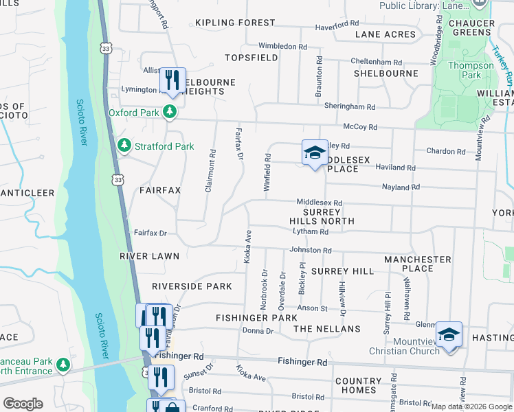 map of restaurants, bars, coffee shops, grocery stores, and more near 4040 Kioka Avenue in Columbus