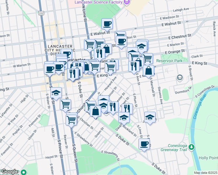 map of restaurants, bars, coffee shops, grocery stores, and more near 103 Howard Avenue in Lancaster