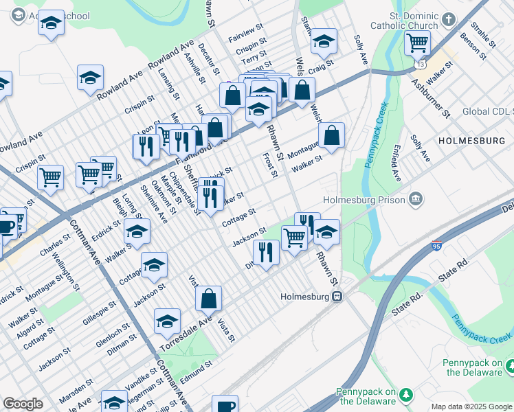 map of restaurants, bars, coffee shops, grocery stores, and more near 7810 Cottage Street in Philadelphia