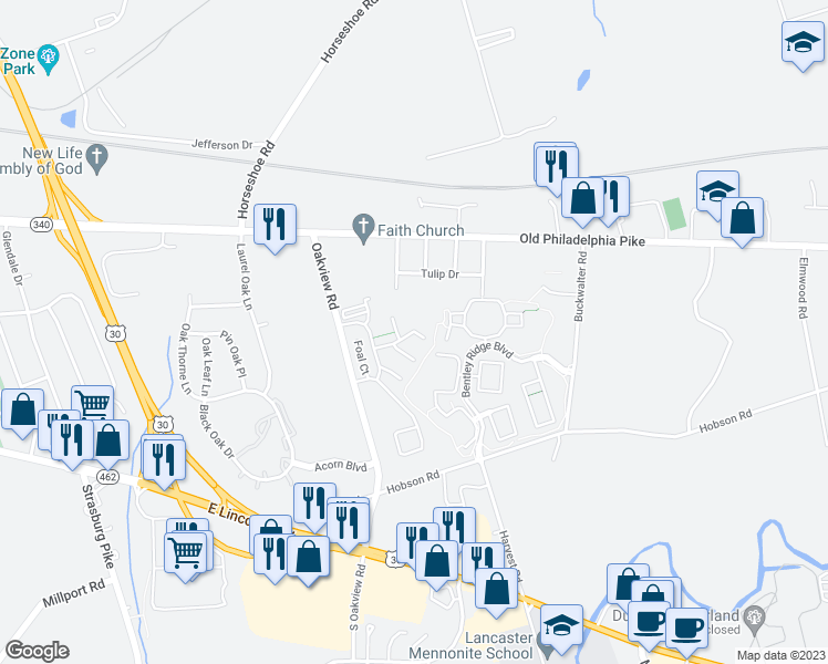 map of restaurants, bars, coffee shops, grocery stores, and more near 70 Foal Court in Lancaster