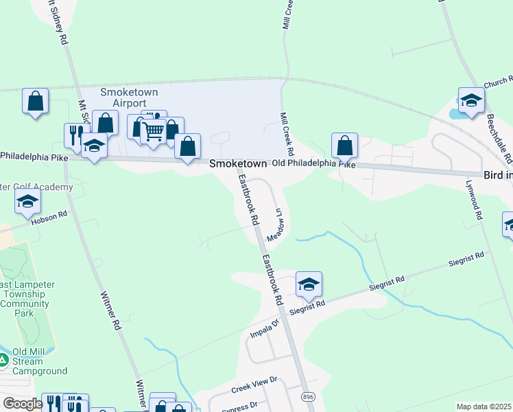 map of restaurants, bars, coffee shops, grocery stores, and more near 185 Eastbrook Road in Smoketown