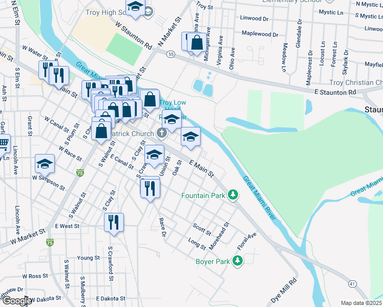 map of restaurants, bars, coffee shops, grocery stores, and more near 617 East Main Street in Troy