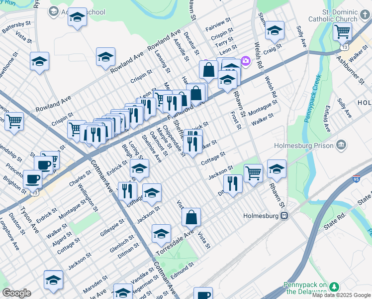 map of restaurants, bars, coffee shops, grocery stores, and more near 4308 Sheffield Avenue in Philadelphia