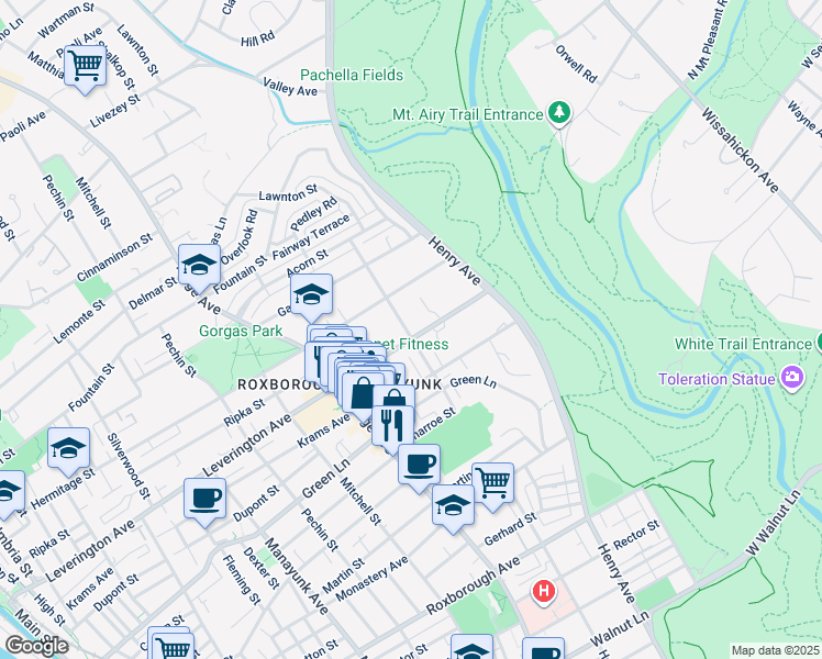 map of restaurants, bars, coffee shops, grocery stores, and more near 600 Leverington Avenue in Philadelphia