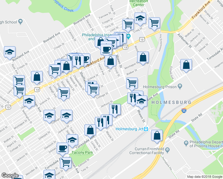 map of restaurants, bars, coffee shops, grocery stores, and more near 7812 Cottage Street in Philadelphia