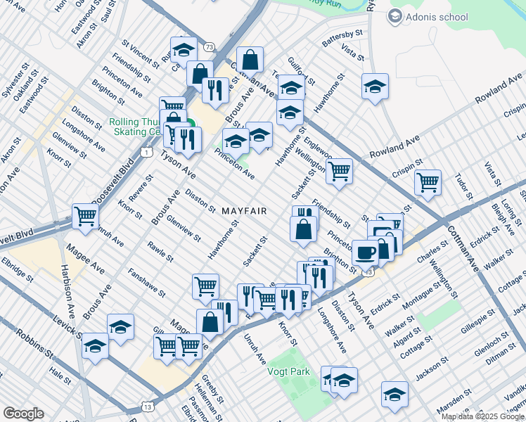 map of restaurants, bars, coffee shops, grocery stores, and more near 3124 Brighton Street in Philadelphia